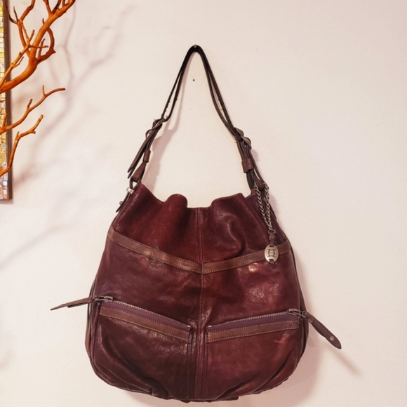 OLIVIA HARRIS-Eggplant/Gray Imp. Dist. Leather Satchel - Picture 2 of 12